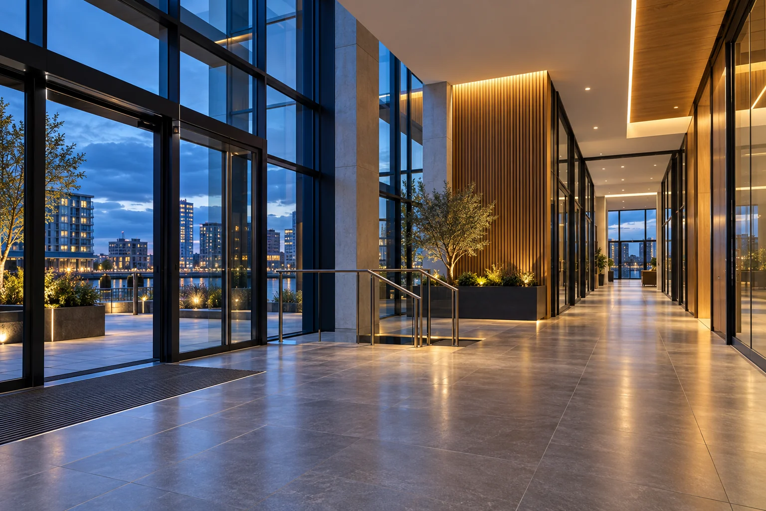 Illustrative modern communal lobby and office interior